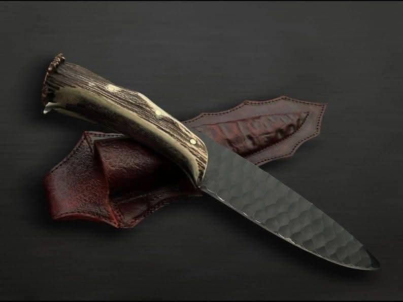 Handmade High Carbon Steel Hunting Knife with Premium Antler Handle & Leather Sheath