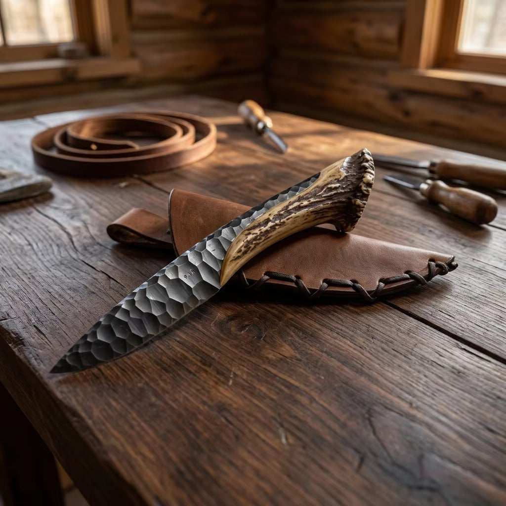 Handmade Forged Steel Knife with Antler Handle & Leather Sheath - Flint Knapped Texture Custom Hunting Knife