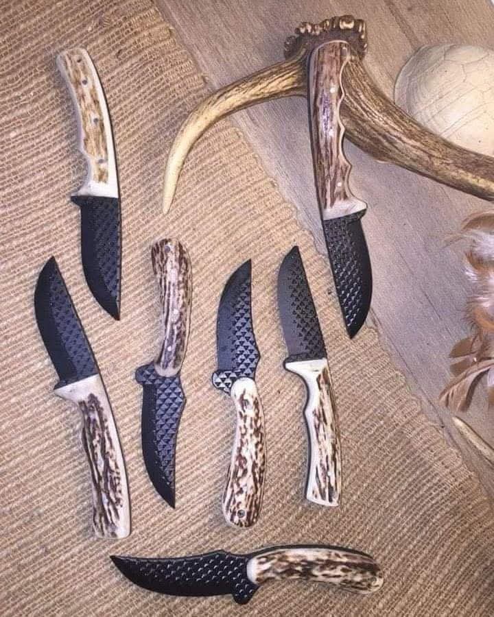 Handmade Custom Hunting Knife Set - Rasp File Textured Black Blade with Antler Handle & Leather Sheath - 8-9" Fixed Blade Tactical Knife