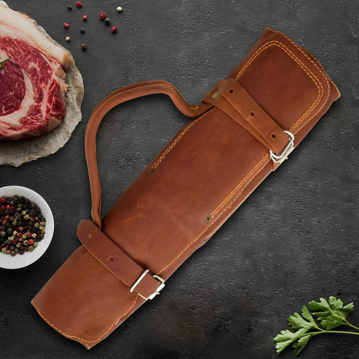 Handcrafted 4-Piece Damascus Steel Chef Knife Set with Genuine Stag Bone Handle & Premium Leather Roll Bag