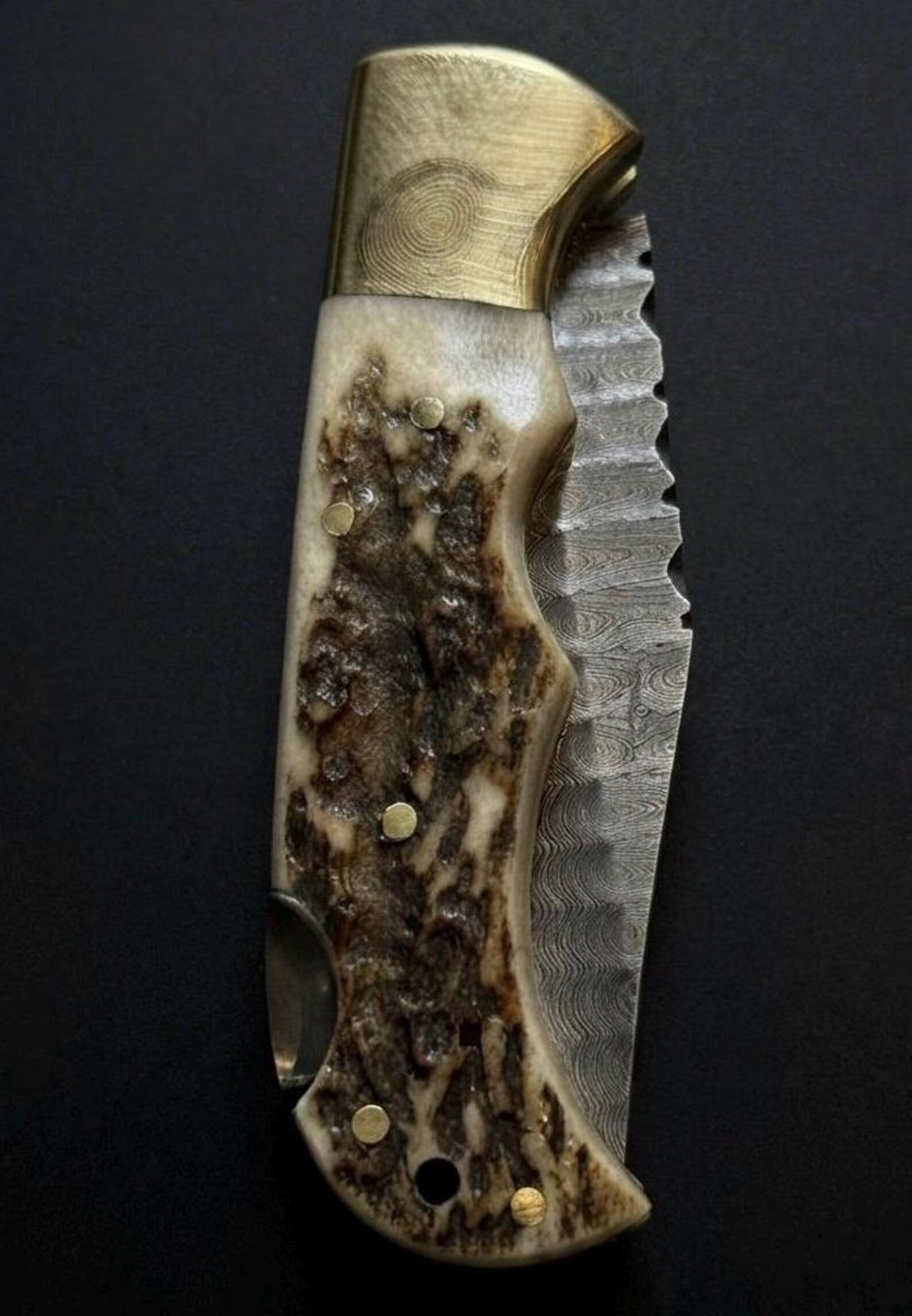 Custom Handmade Damascus Steel Lockback Folding Knife | Authentic Stag Antler Horn Handle with Brass Bolster | Premium Heavy Duty Hunting EDC Knife