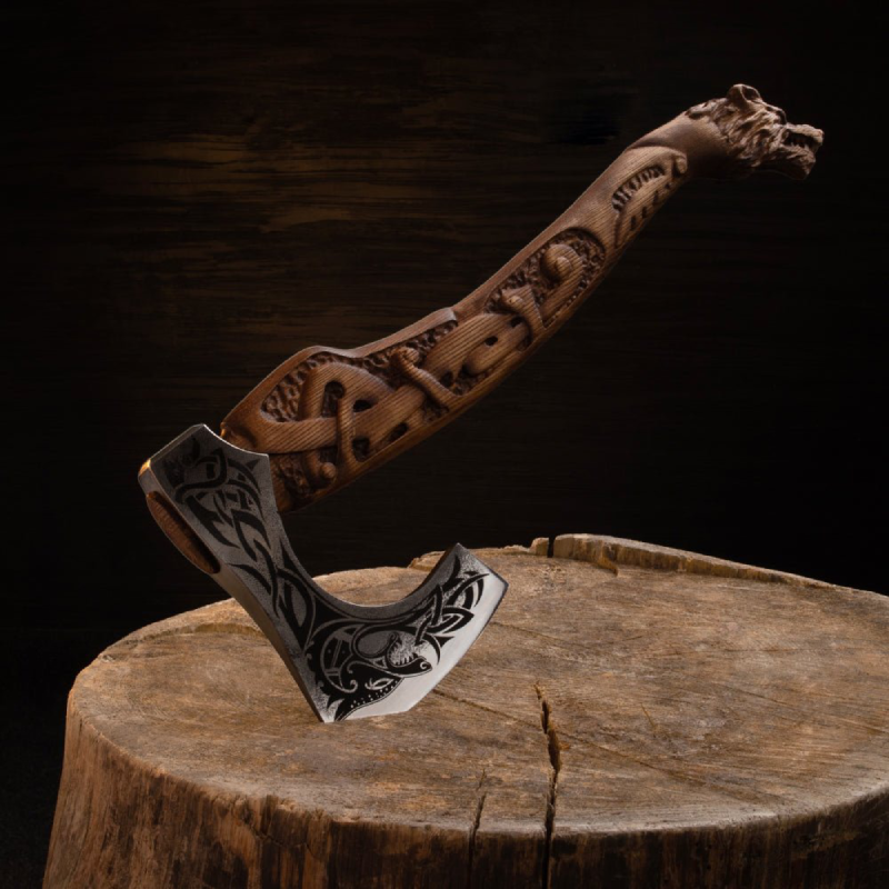 Hand Forged Wolf Viking Axe with Leather Sheath, Custom 3D Carved Norse Bearded Hatchet, Fenrir Wolf Groomsmen Gift, Fantasy Cosplay Medieval Weapon, Gift for Husband