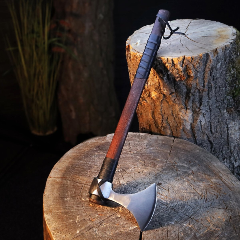 Hand Forged Two-Handed Viking Axe with Black Leather Wrap, Custom Long Handle Danish Bearded Hatchet with Sheath, Groomsmen Gift, Gift for Husband