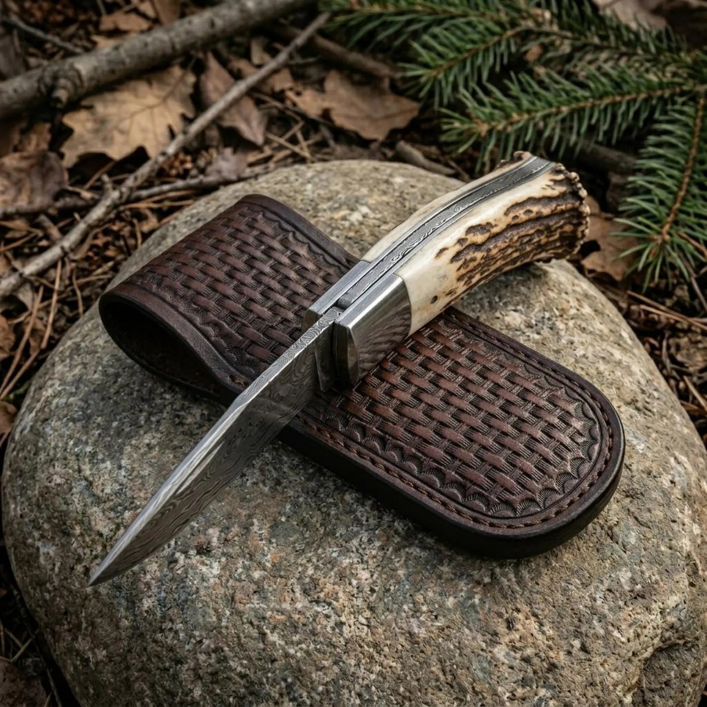 Damascus Folding Knife, Stag Antler Handle, Tooled Leather Sheath, Collector Knife