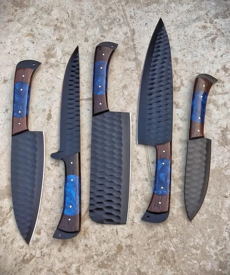 Professional 5-Piece Handcrafted Kitchen Knife Set - Black Powder Coated Blades with Leather Roll Kit