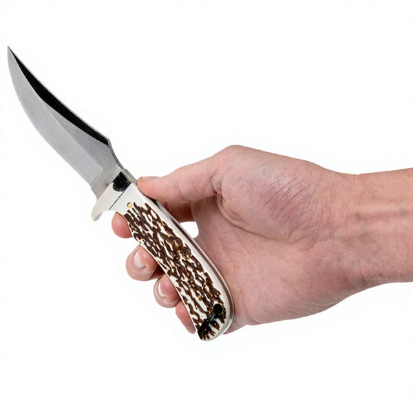 Custom Fixed Blade Hunting Knife Staglon Imitation Antler Horn Handle Stainless Steel Skinner Knife with Genuine Leather Sheath Wholesale
