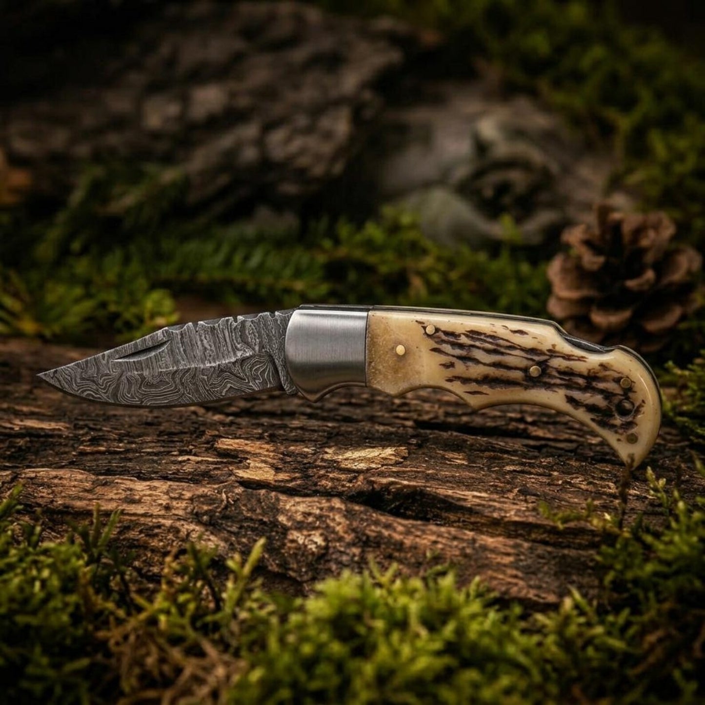 Damascus Folding Pocket Knife, Natural Stag Handle, Handmade Hunting Tool