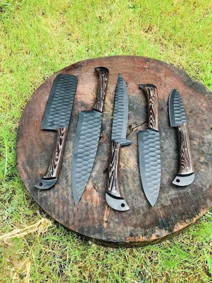 Handmade 5-Piece Heavy Duty Kitchen & Chef Knife Set - Hand-Forged Hammered Black Blade with Premium Wenge Wood Handle