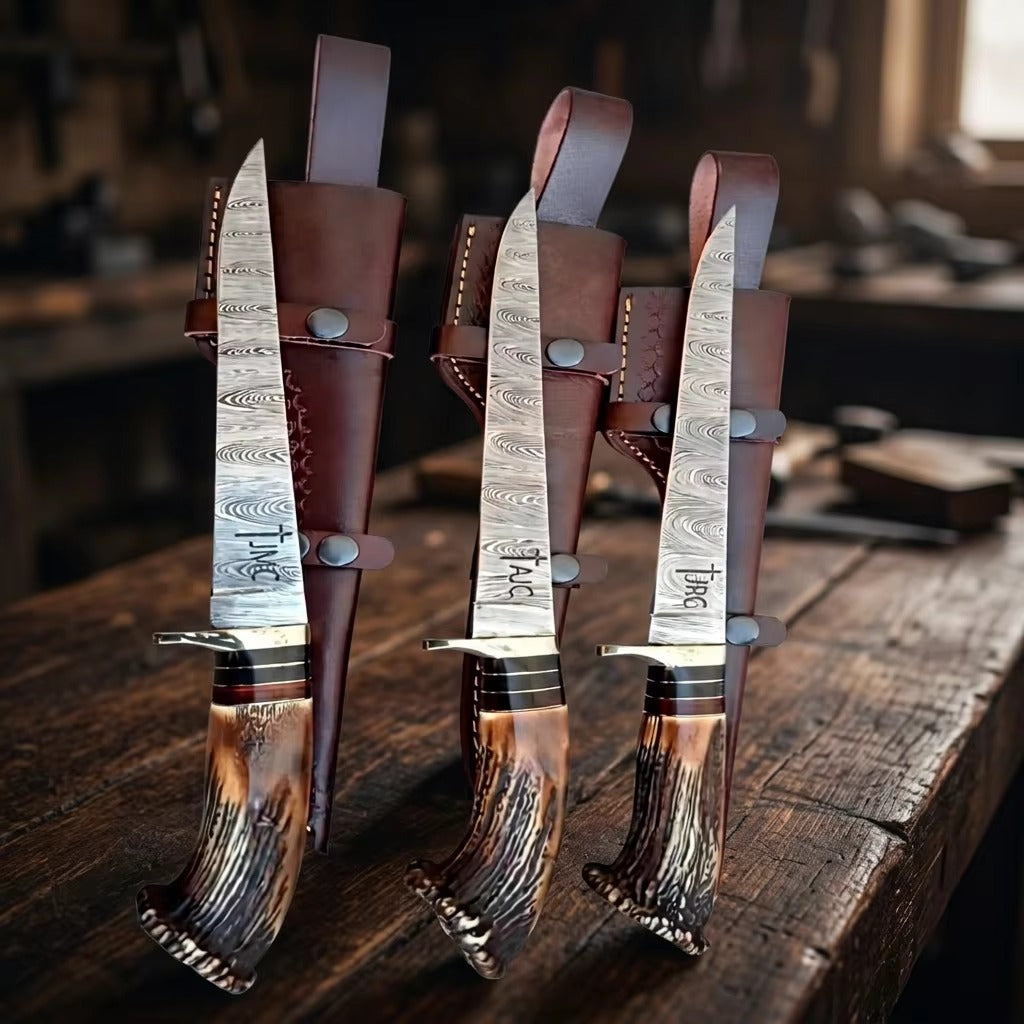 13" Custom Handmade Damascus Steel Hunting Knife with Premium Crown Stag Handle & Genuine Leather Sheath – FREE Custom Name Engraving