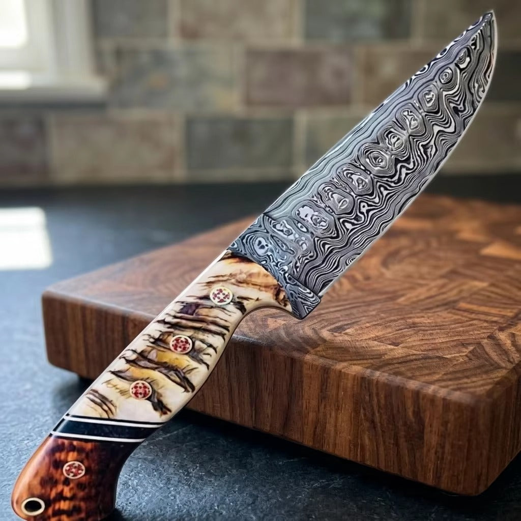Custom Handmade 11" Damascus Steel Knife - Custom Sheep Horn & wood Handle & Leather Sheath