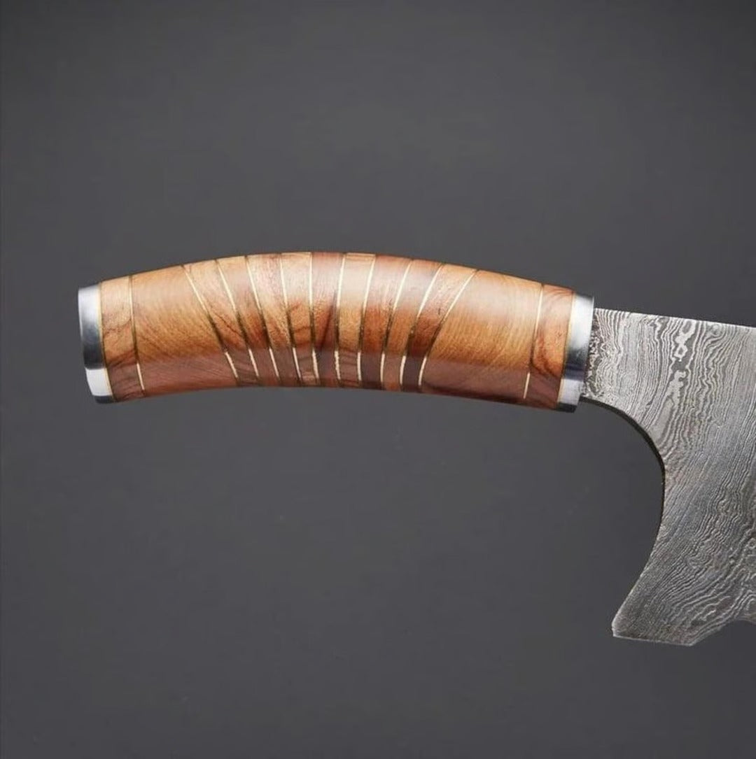 Handmade Damascus Cleaver Knife Fixed Blade with Leather Wrapped Handle & Leather Sheath | Bushcraft Camping Meat Cleave