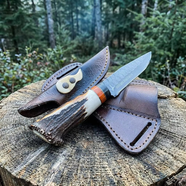 Custom Handmade Hammered Hunting Knife with Premium Crown Stag Antler Handle & Decorated Leather Sheath – Personalized Name Engraving Available