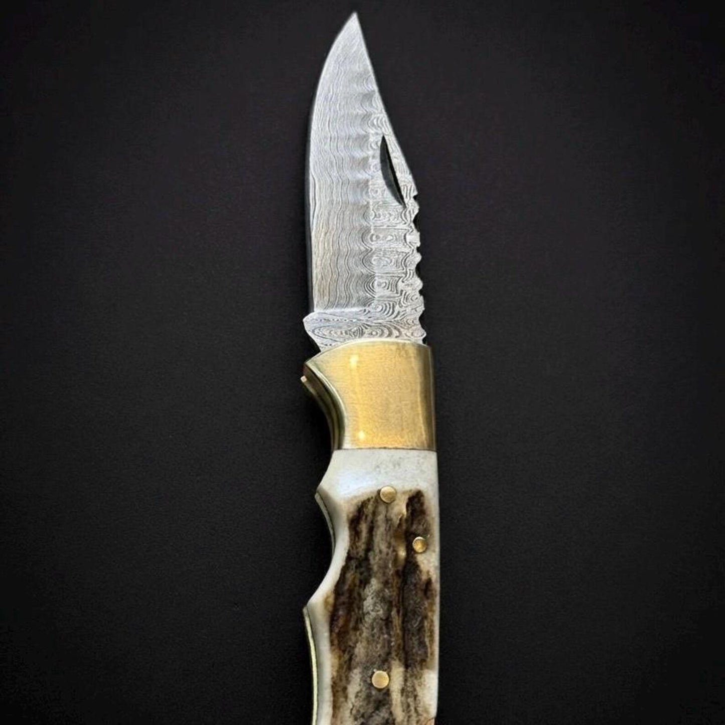 Custom Handmade Damascus Steel Lockback Folding Knife | Authentic Stag Antler Horn Handle with Brass Bolster | Premium Heavy Duty Hunting EDC Knife