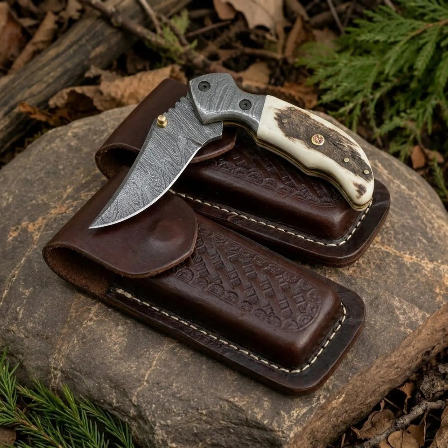 Damascus Folding Knife, Stag Antler Handle, Tooled Leather Sheath, Collector Knife