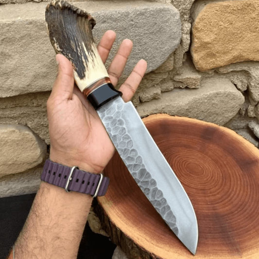 High Carbon Steel Hunting Knife | Hammer-Forged Blade | Genuine Stag Handle with Leather Sheath