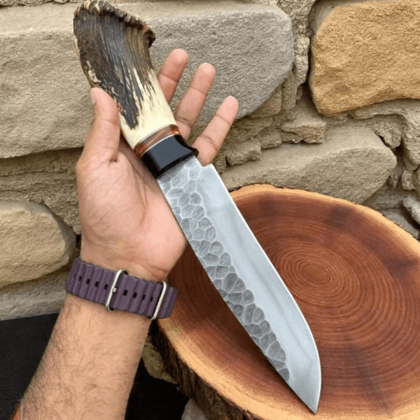 High Carbon Steel Hunting Knife | Hammer-Forged Blade | Genuine Stag Handle with Leather Sheath