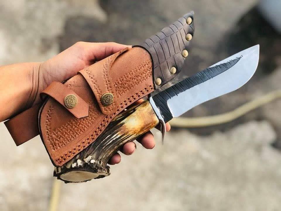 Custom Handmade 12" Hunting Bowie Knife – Authentic Stag Horn Handle &amp; Premium Hand-Tooled Leather Sheath | Outdoor Survival &amp; bowie Knife