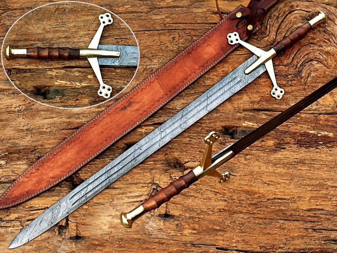 Handmade Damascus Steel Scottish Claymore Sword - Custom Two-Handed Medieval Sword with Leather Scabbard - Personalized Battle Ready Sword, Gift for Him