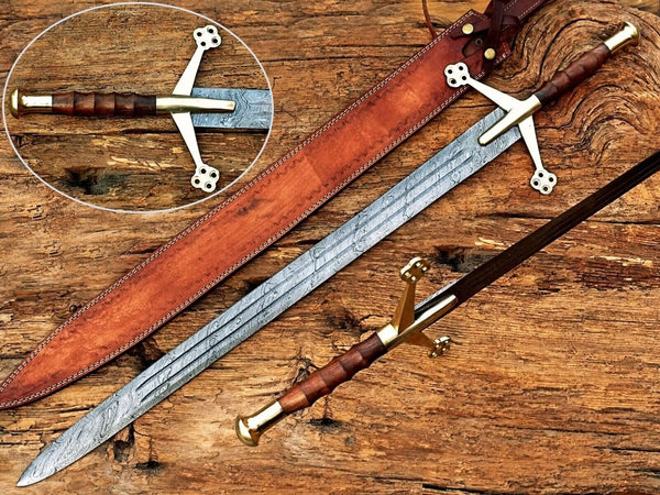 Handmade Damascus Steel Scottish Claymore Sword - Custom Two-Handed Medieval Sword with Leather Scabbard - Personalized Battle Ready Sword, Gift for Him