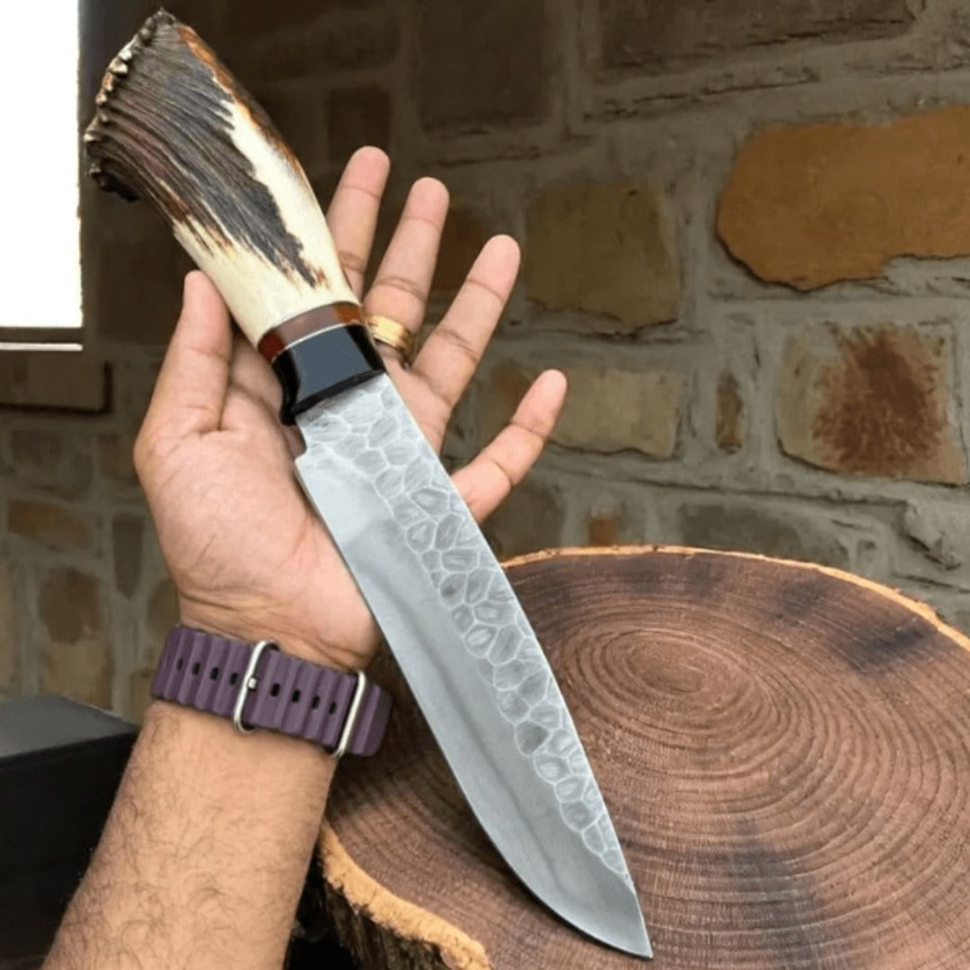 High Carbon Steel Hunting Knife | Hammer-Forged Blade | Genuine Stag Handle with Leather Sheath