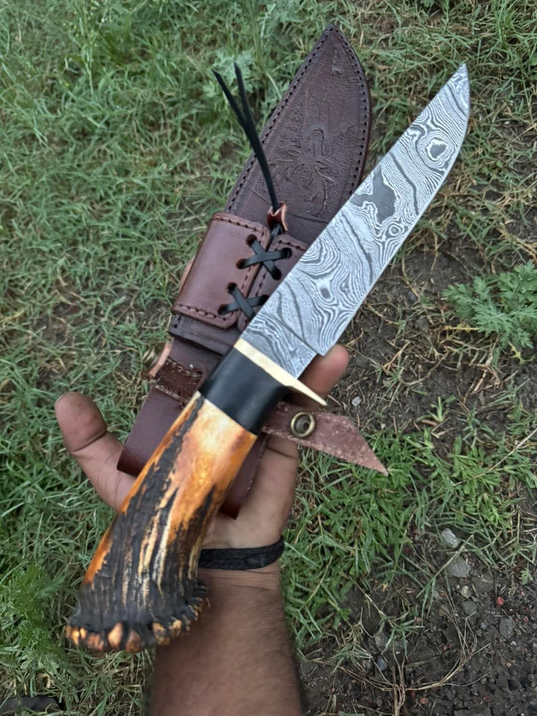 Handmade 12" Damascus Steel Hunting Knife with Stag Antler Handle & Leather Sheath