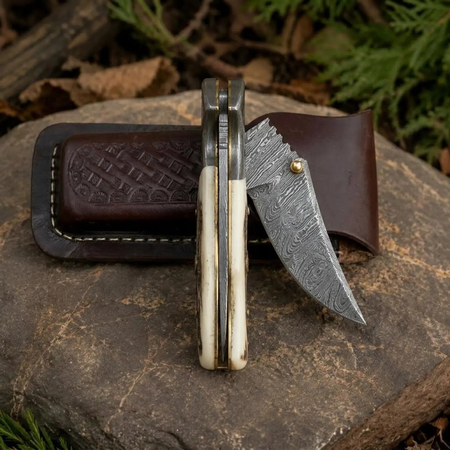 Damascus Folding Knife, Stag Antler Handle, Tooled Leather Sheath, Collector Knife