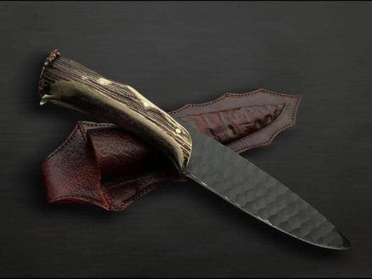 Handmade High Carbon Steel Hunting Knife with Premium Antler Handle & Leather Sheath
