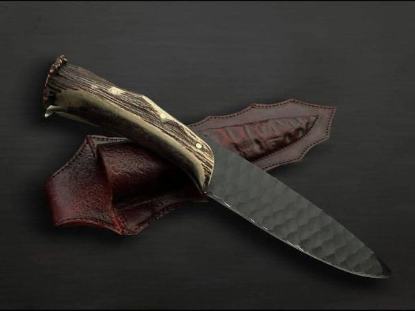 Handmade High Carbon Steel Hunting Knife with Premium Antler Handle & Leather Sheath