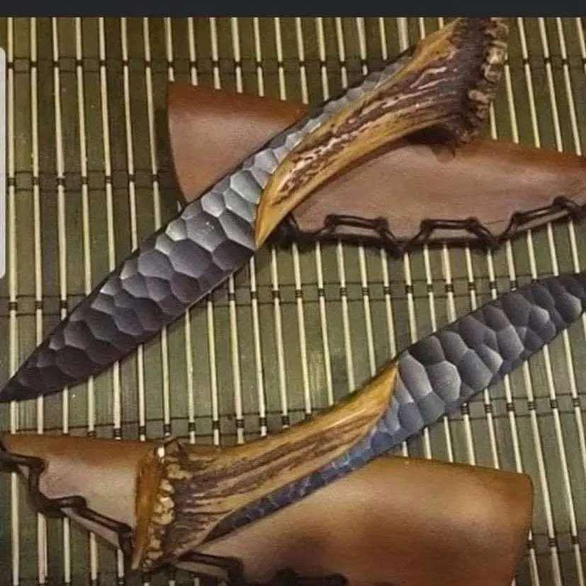 Handmade Forged Steel Knife with Antler Handle & Leather Sheath - Flint Knapped Texture Custom Hunting Knife