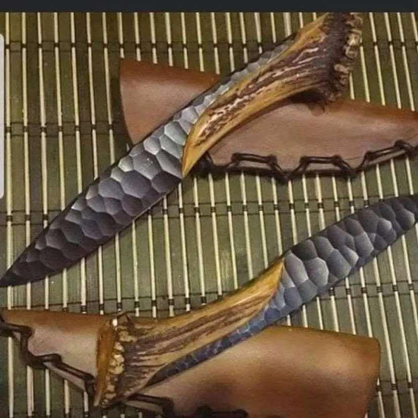 Handmade Forged Steel Knife with Antler Handle & Leather Sheath - Flint Knapped Texture Custom Hunting Knife