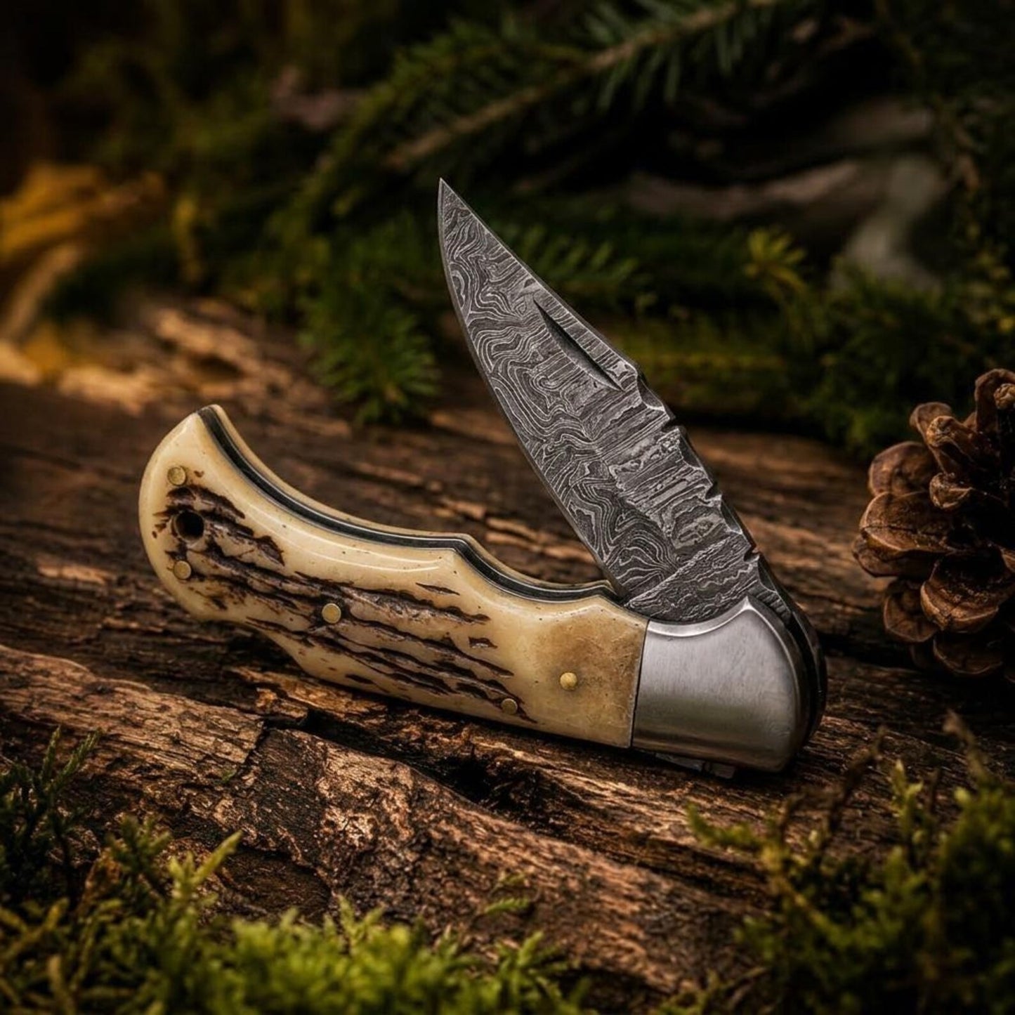 Damascus Folding Pocket Knife, Natural Stag Handle, Handmade Hunting Tool