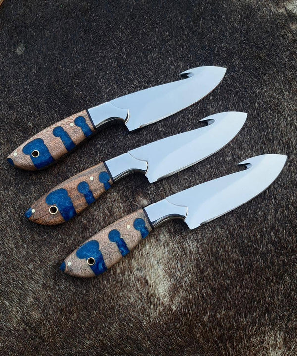 Handcrafted 8" Hunting Skinning Knife with Gut Hook - Hydle with Leather Pancake Sheatbrid Burl Wood & Blue Resin Hanh