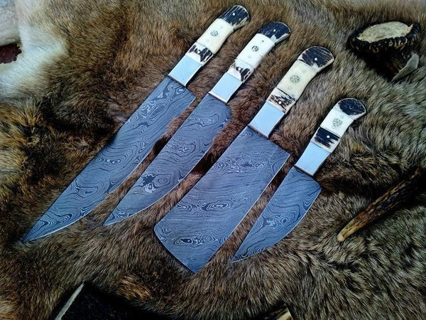 Handcrafted 4-Piece Damascus Steel Chef Knife Set with Genuine Stag Bone Handle & Premium Leather Roll Bag