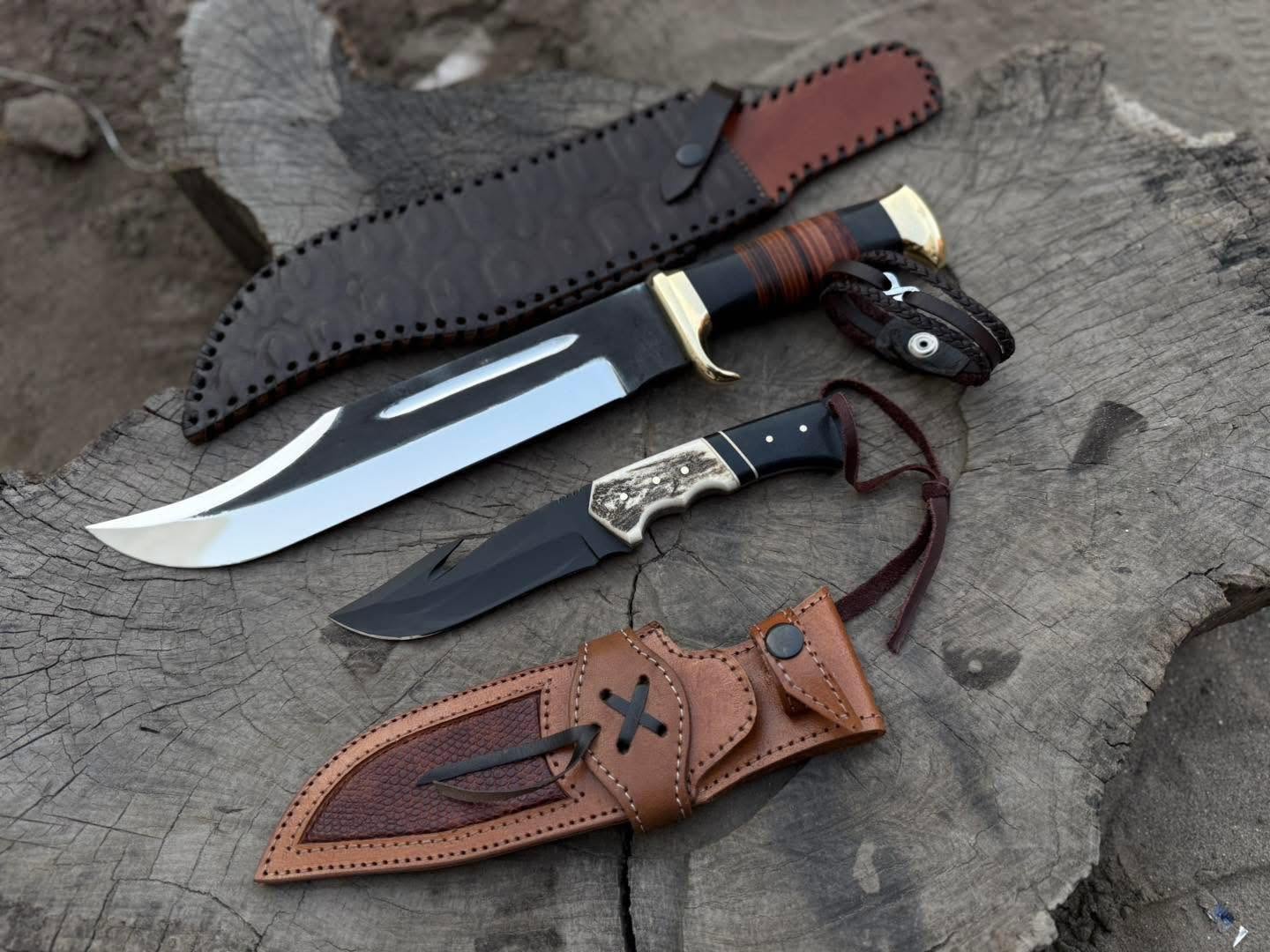 Custom Handcrafted 2-Piece Hunting Knife Combo Set - Bowie Knife & Tactical Gut Hook Knife with Leather Sheaths