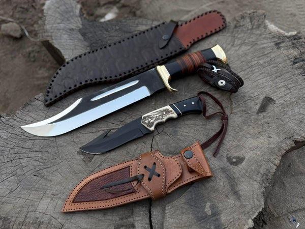 Custom Handcrafted 2-Piece Hunting Knife Combo Set - Bowie Knife & Tactical Gut Hook Knife with Leather Sheaths