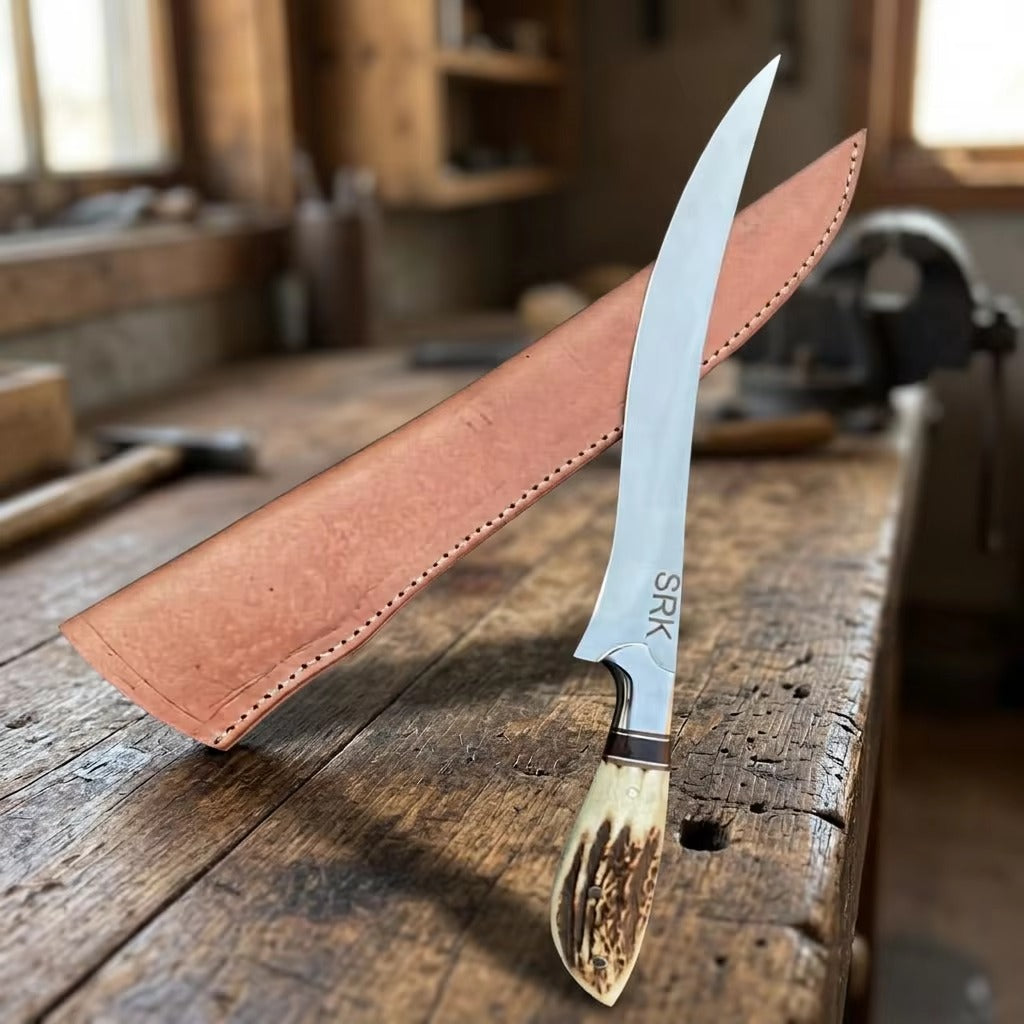 13" Custom Handmade D2 Steel Fillet Knife with Premium Stag Antler Handle & Genuine Leather Sheath – Personalized Name Engraving Available