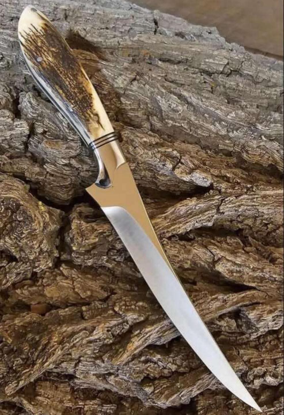 Custom Hand-Forged 13" Fillet Knife – Genuine Stag Horn Handle & Dark Spacer Accents & With Leather Sheath