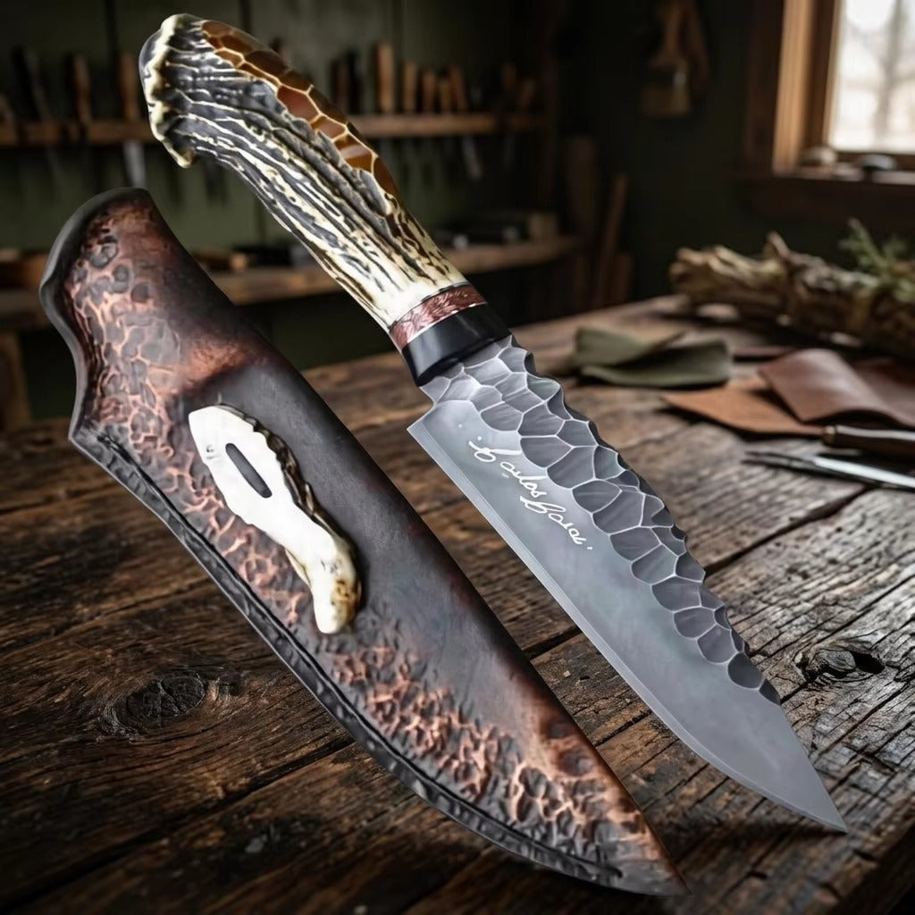 Custom Hand-Forged Carbon Steel&nbsp; Hunting Knife – Hammered Finish with Premium Stag Antler Handle &amp; Leather Sheath