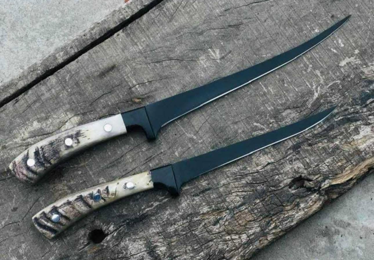 Artisan Handmade 2-Piece Outdoor Knife Pair - Genuine Sheep Horn Handle Fillet &amp; Boning Knife Set