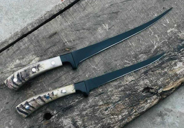 Artisan Handmade 2-Piece Outdoor Knife Pair - Genuine Sheep Horn Handle Fillet &amp; Boning Knife Set