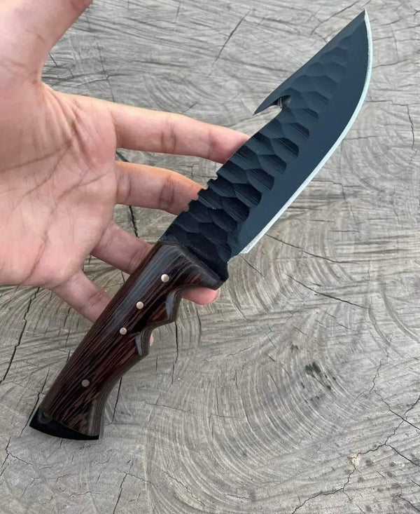 Heavy Duty Fixed Blade Hunting Knife with Gut Hook - Textured Black Tracker Knife - Wenge Wood Handle Outdoor Survival Knife