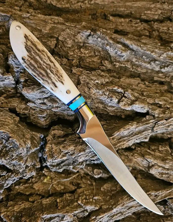 Premium Stag Horn Handle Hunting Knife - Fixed Blade Outdoor Survival & Skinning Knife with Turquoise Spacer
