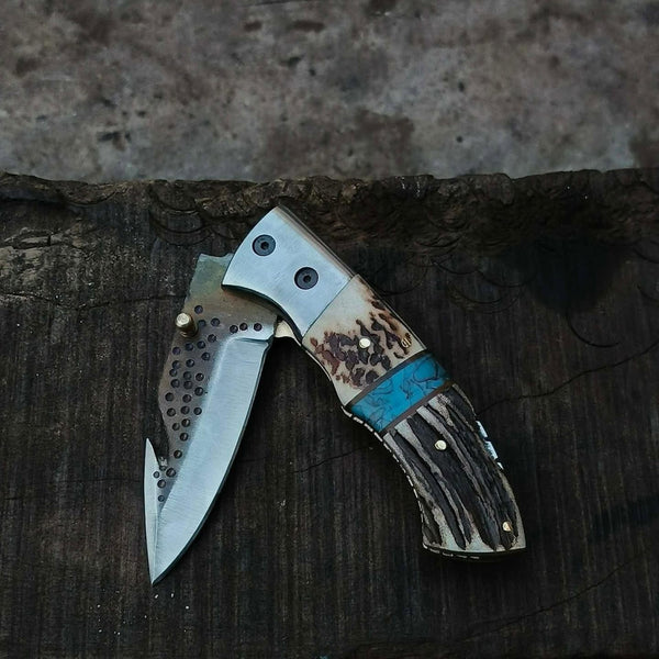 Handmade Custom Folding Pocket Knife – Genuine Stag Antler & Turquoise Inlay Handle