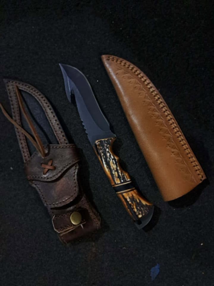 Custom 10" Tracker Hunting Knife with Gut Hook - Stag Horn Handle & Premium Leather Sheath