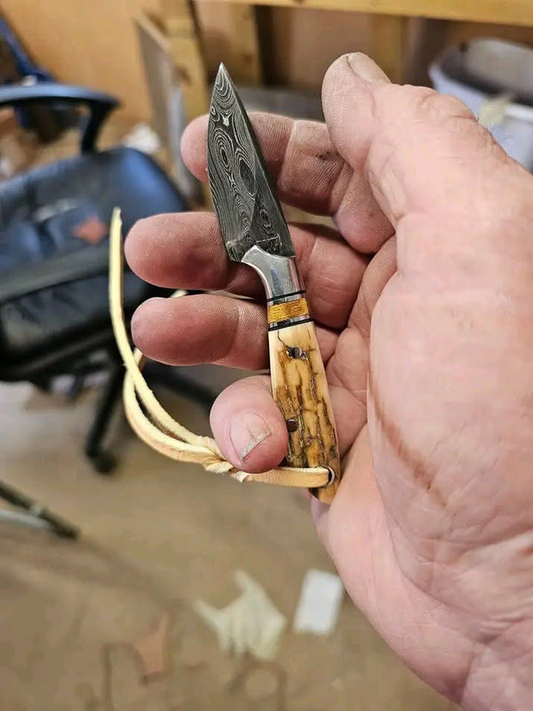 Handcrafted 8" Damascus Steel Mini Hunting Knife with Bone Handle & Leather Lanyard