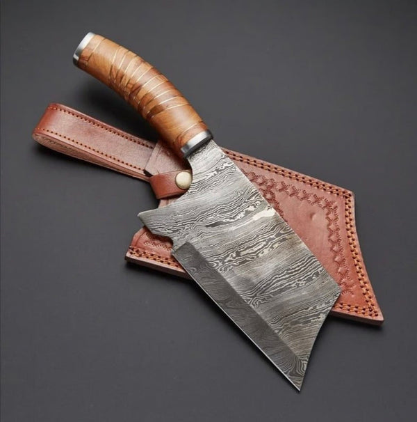Handmade Damascus Cleaver Knife Fixed Blade with Leather Wrapped Handle & Leather Sheath | Bushcraft Camping Meat Cleave