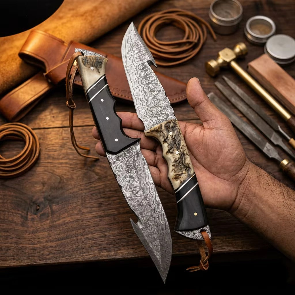 Custom Handmade Damascus Steel Tracker Hunting Knife with Gut Hook – Premium Ram Horn & Buffalo Horn Combo Handle | Outdoor Survival, Skinning & Bushcraft Knife