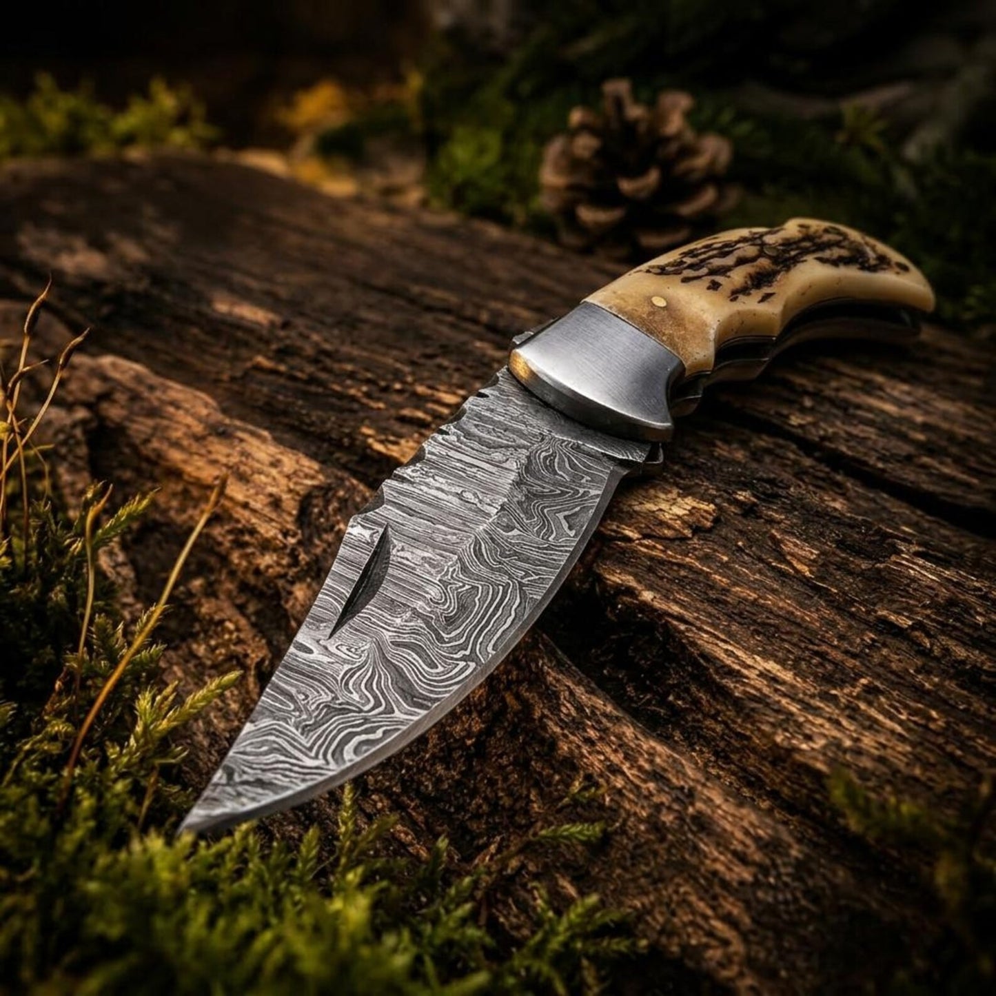 Damascus Folding Pocket Knife, Natural Stag Handle, Handmade Hunting Tool