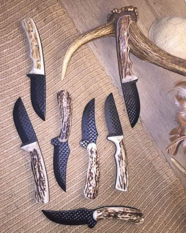 Handmade Custom Hunting Knife Set - Rasp File Textured Black Blade with Antler Handle & Leather Sheath - 8-9" Fixed Blade Tactical Knife