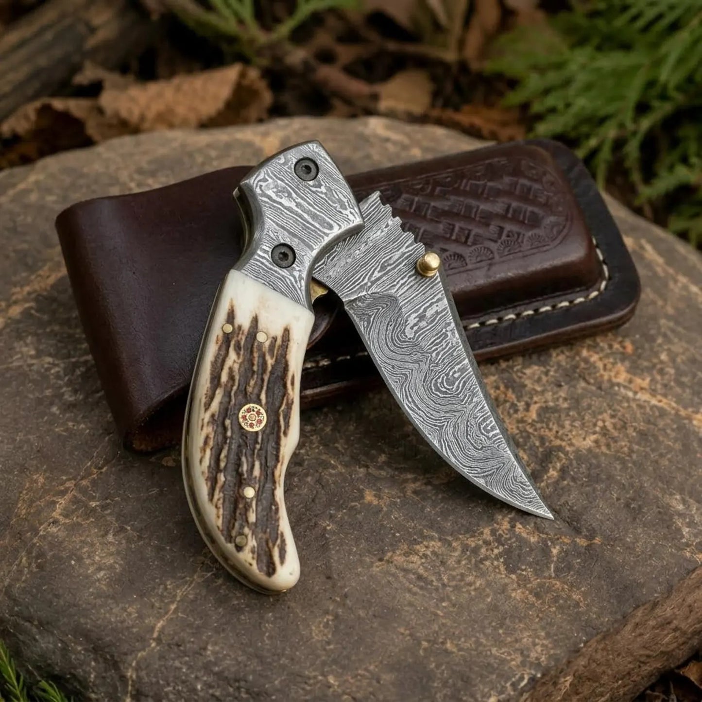 Damascus Folding Knife, Stag Antler Handle, Tooled Leather Sheath, Collector Knife